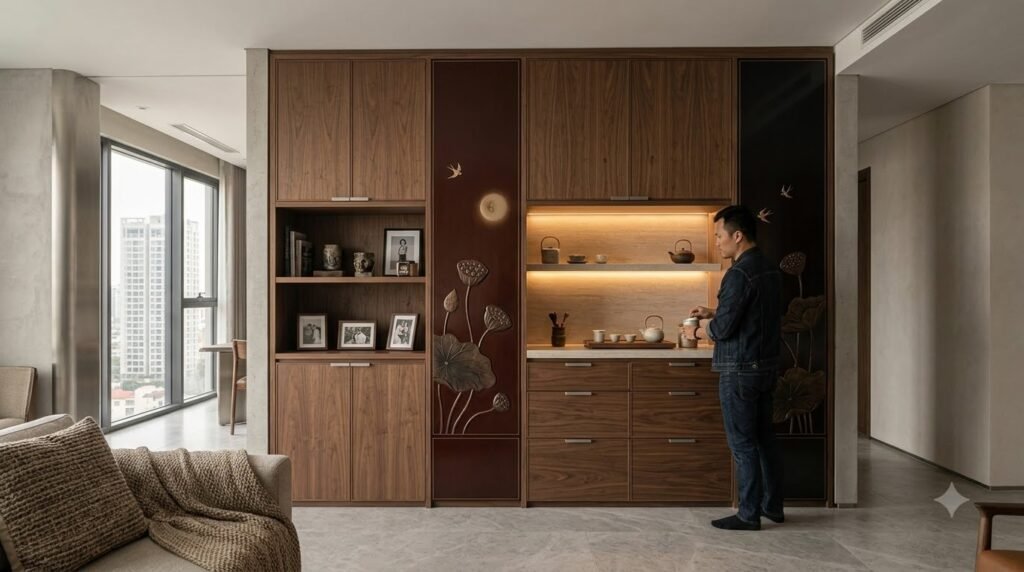 Hệ tủ trà sơn mài tích hợp lưu trữ trong căn hộ chung cư The Senique Hanoi với veneer ấm và hộc trưng bày