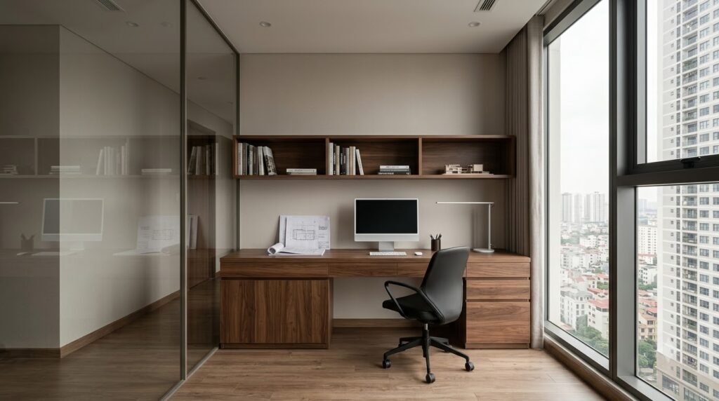 Home office The Matrix One có bàn làm việc, tủ tài liệu và ánh sáng tự nhiên