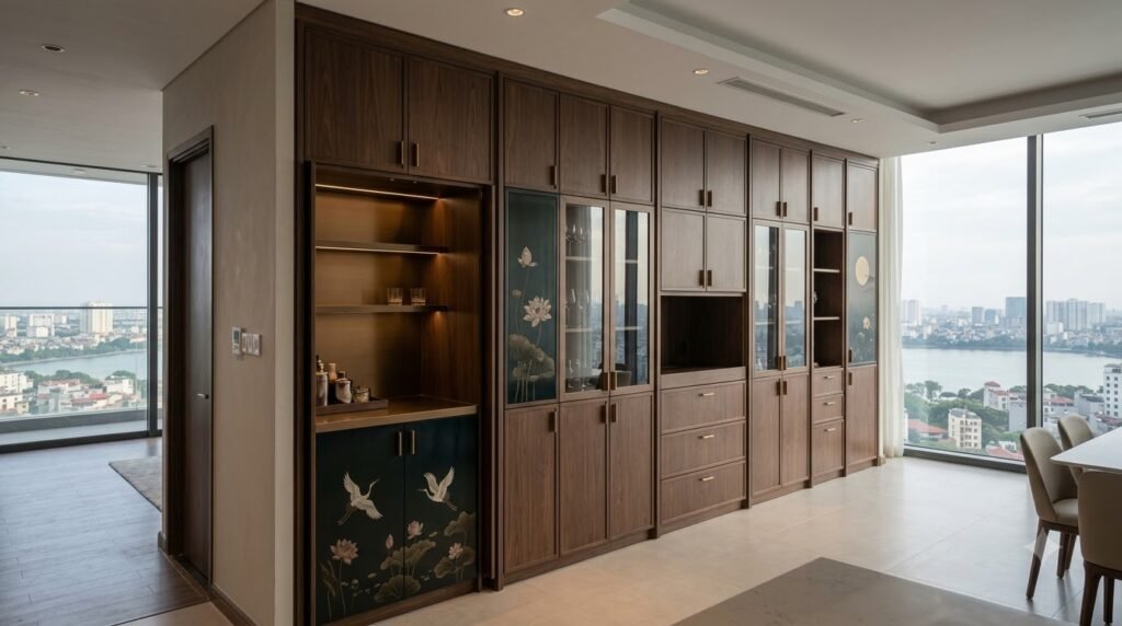 Hệ tủ bar sơn mài và veneer trong Sky Villa chung cư cao tầng Noble Crystal Tây Hồ với ánh sáng hắt tinh tế
