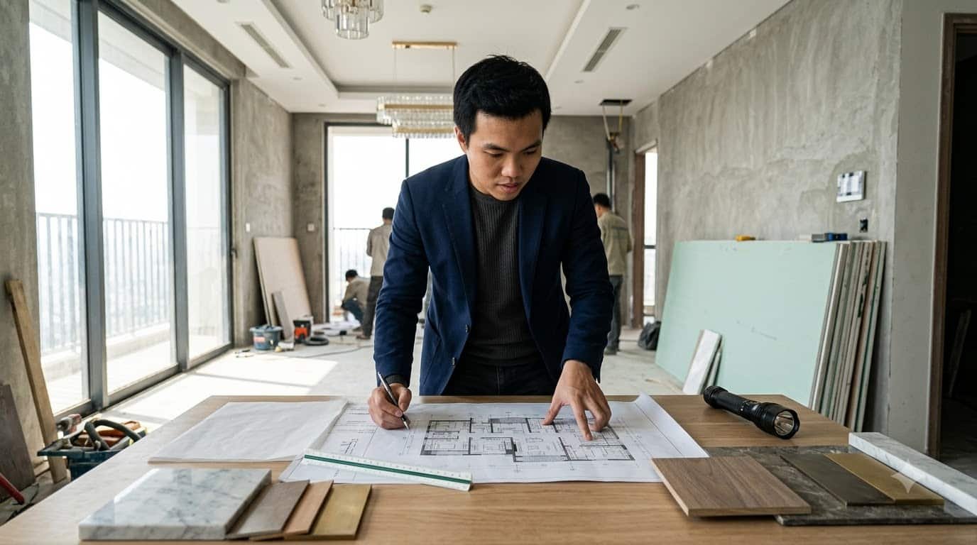 KTS Nguyễn Trung Thành đang đọc mặt bằng