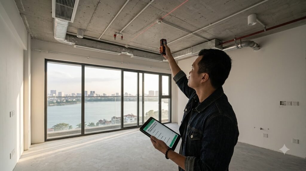 Kiến trúc sư khảo sát căn hộ chung cư Celestine Westlake mới bàn giao, kiểm tra cửa kính, view và MEP