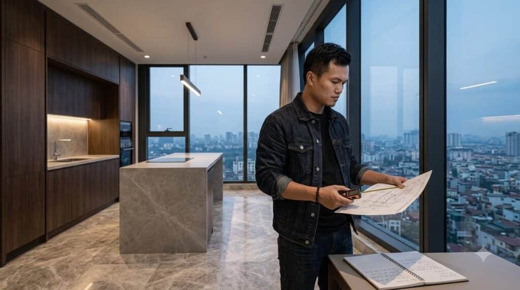 Kiến trúc sư rà soát hồ sơ bàn giao và khảo sát căn hộ The Grand Hanoi trước khi cá nhân hóa nội thất