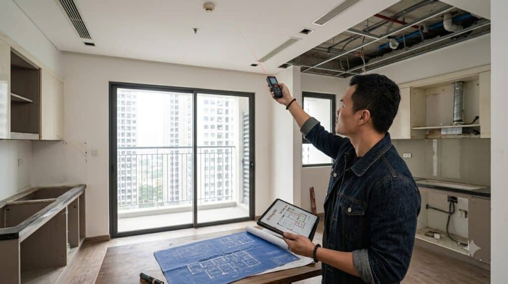 Kiến trúc sư khảo sát căn hộ chung cư Vinhomes Times City bằng máy đo laser và bản vẽ kỹ thuật