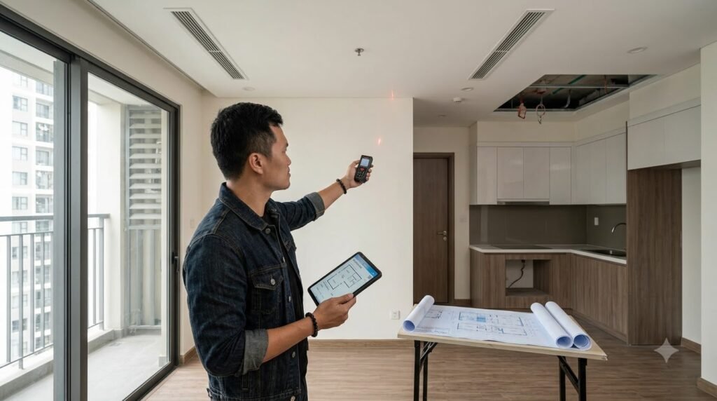 Kiến trúc sư khảo sát căn hộ chung cư Masteri Waterfront bằng máy đo laser và bản vẽ kỹ thuật