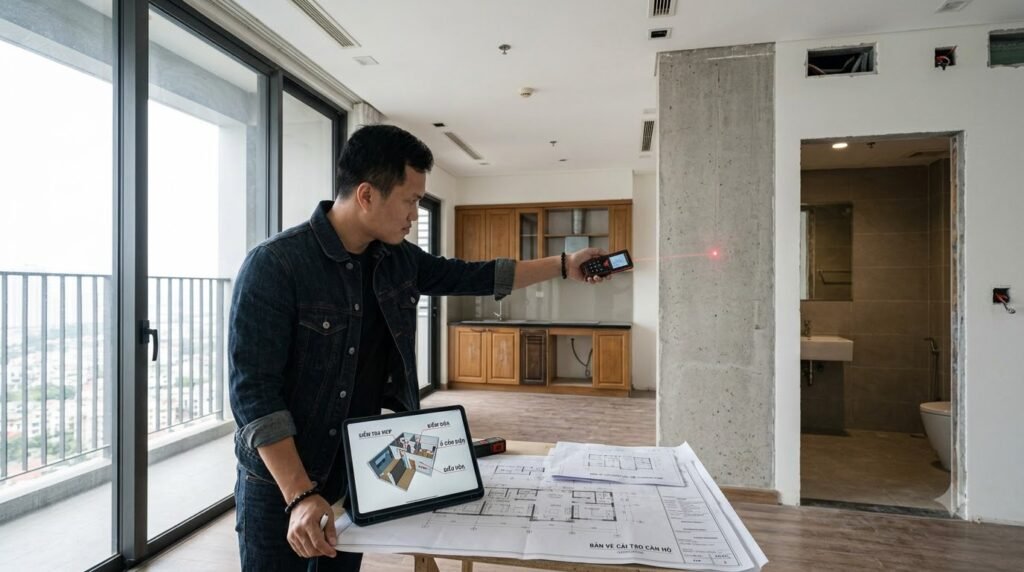 Kiến trúc sư khảo sát căn hộ chung cư The Nine Phạm Văn Đồng bằng máy đo laser và bản vẽ kỹ thuật