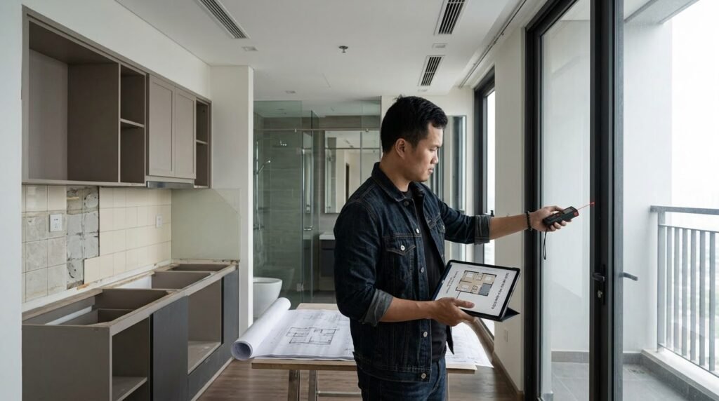 Kiến trúc sư khảo sát căn hộ chung cư BRG Diamond Residence bằng máy đo laser và bản vẽ kỹ thuật