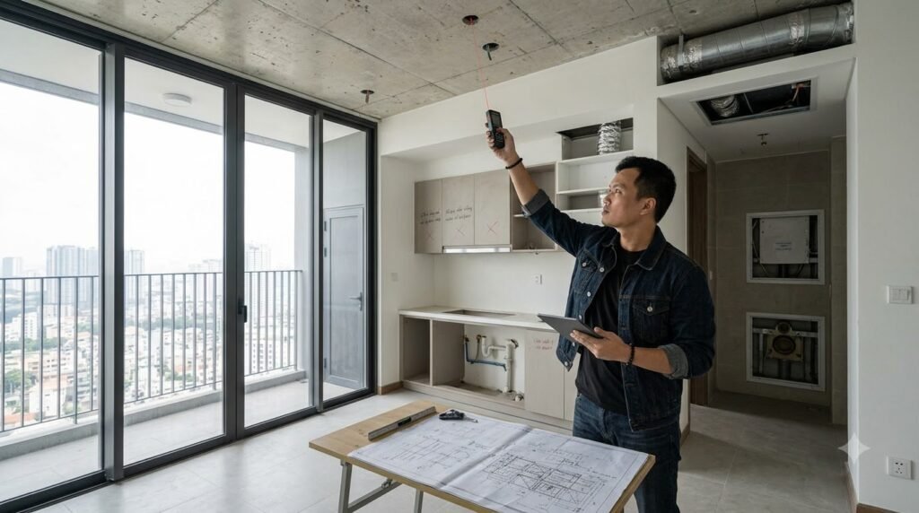 Kiến trúc sư khảo sát căn hộ chung cư The Nelson Private Residences bằng máy đo laser và bản vẽ kỹ thuật