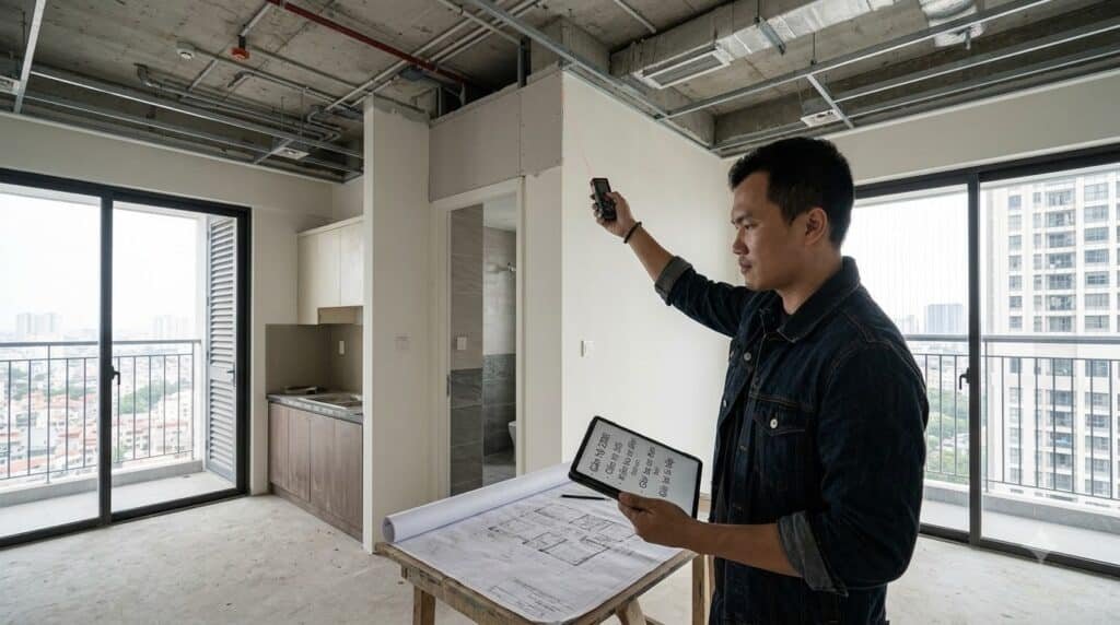 Kiến trúc sư khảo sát căn hộ chung cư Indochina Plaza Hanoi bằng máy đo laser và bản vẽ kỹ thuật
