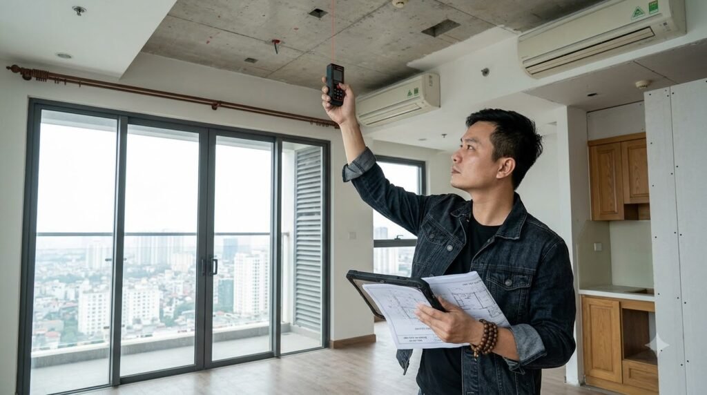 Kiến trúc sư khảo sát căn hộ chung cư Keangnam Landmark 72 bằng máy đo laser và bản vẽ kỹ thuật