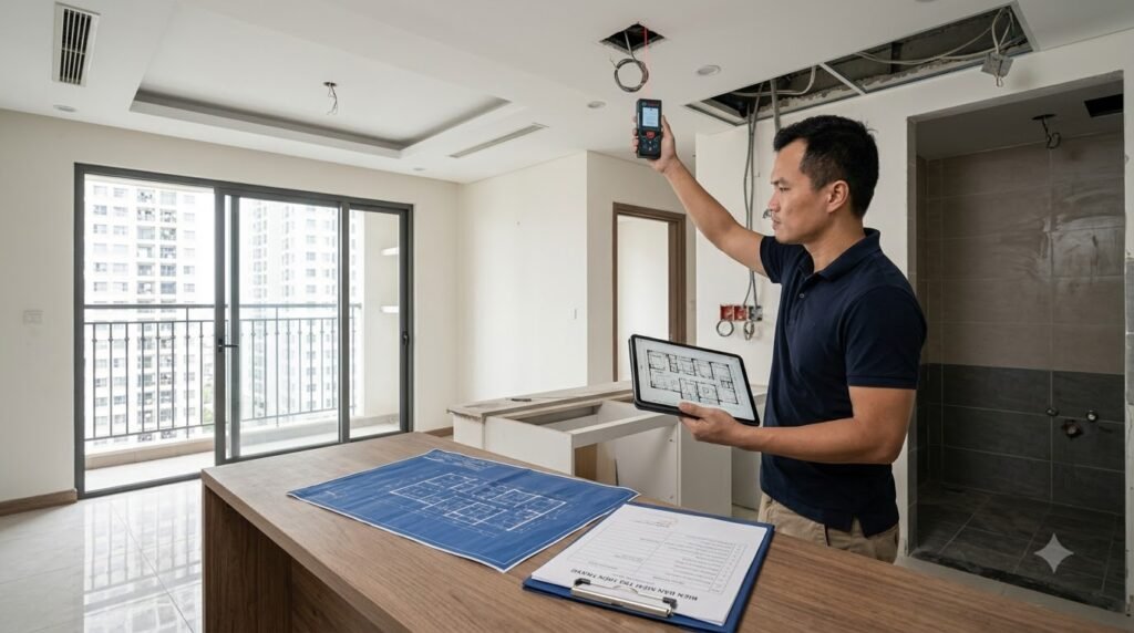 Kiến trúc sư khảo sát căn hộ chung cư The Manor Mễ Trì bằng máy đo laser và bản vẽ kỹ thuật
