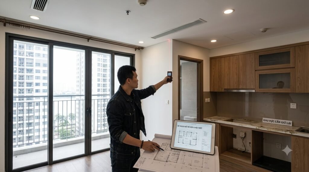 Kiến trúc sư khảo sát căn hộ chung cư Kosmo Tây Hồ bằng máy đo laser và bản vẽ kỹ thuật