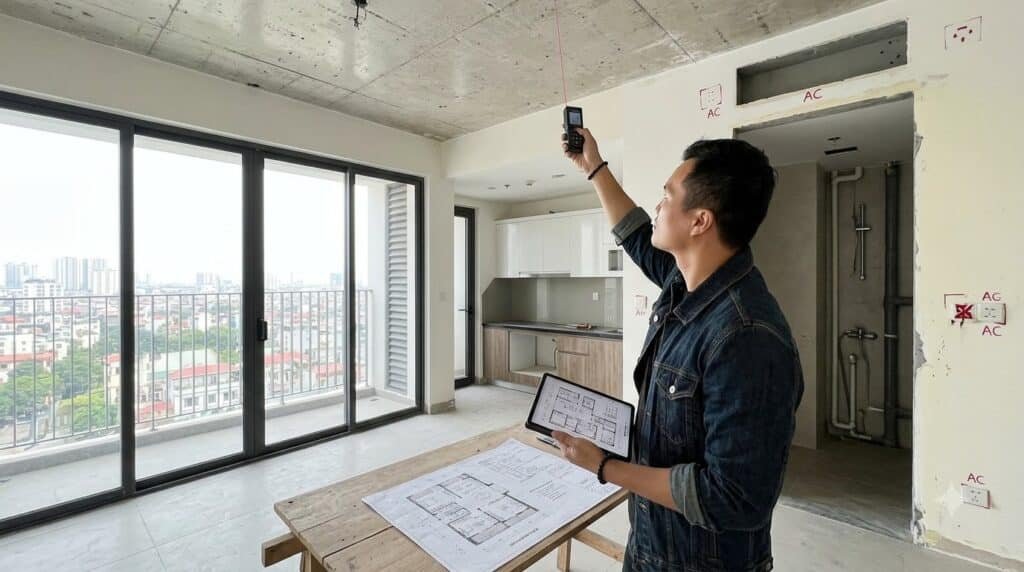Kiến trúc sư khảo sát căn hộ chung cư D’. Le Roi Soleil bằng máy đo laser và bản vẽ kỹ thuật