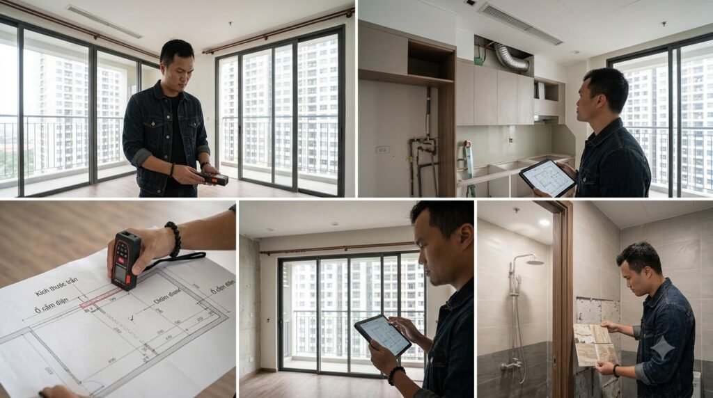 Kiến trúc sư khảo sát căn hộ chung cư Grandeur Palace Giảng Võ bằng máy đo laser và bản vẽ kỹ thuật