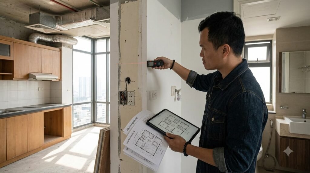 Kiến trúc sư khảo sát căn hộ chung cư Mandarin Garden bằng máy đo laser và bản vẽ kỹ thuật