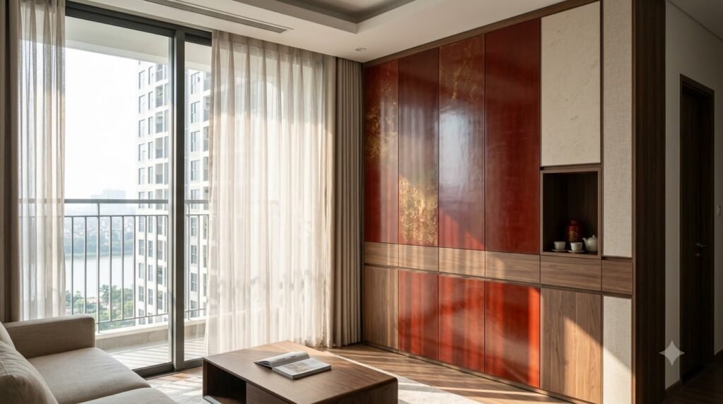 Hệ tủ sơn mài đón ánh sáng bên trong phòng khách chung cư Sunshine Riverside