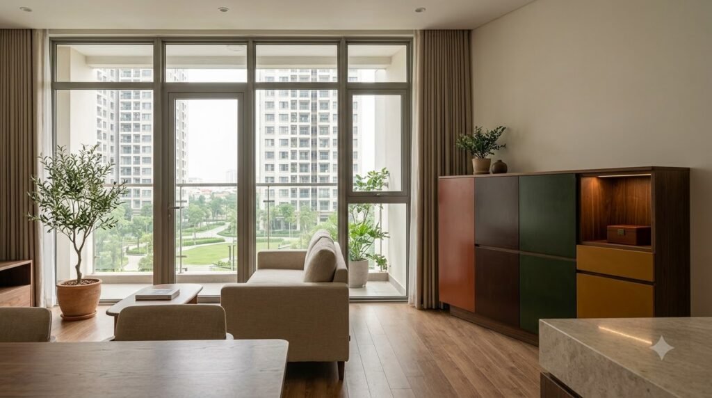 Hệ tủ sơn mài kết hợp gỗ đá và cây xanh trong căn hộ chung cư Park Kiara ParkCity