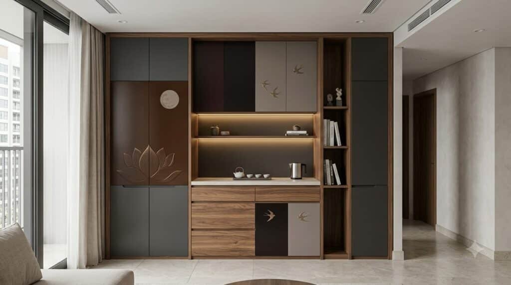 Hệ tủ trà sơn mài tích hợp lưu trữ trong căn hộ chung cư cao tầng Lumi Hanoi với veneer ấm và ánh sáng hắt