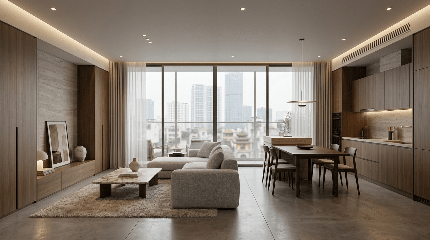 Thiết kế nội thất Vinhomes Metropolis Liễu Giai với phòng khách liên thông bếp và bàn ăn