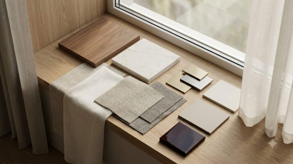 Moodboard veneer, đá, vải, rèm và kim loại cho nội thất căn hộ Vinhomes Skylake