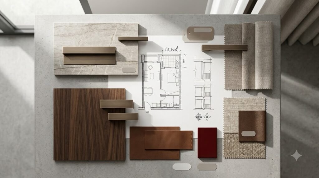 Moodboard đá tự nhiên, veneer, kim loại, da, vải và sơn mài cho Heritage West Lake
