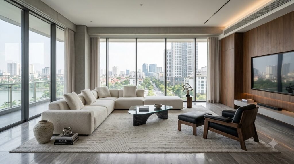 Sofa, bàn trà và thảm được cân theo tỷ lệ phòng khách lớn tại Heritage West Lake