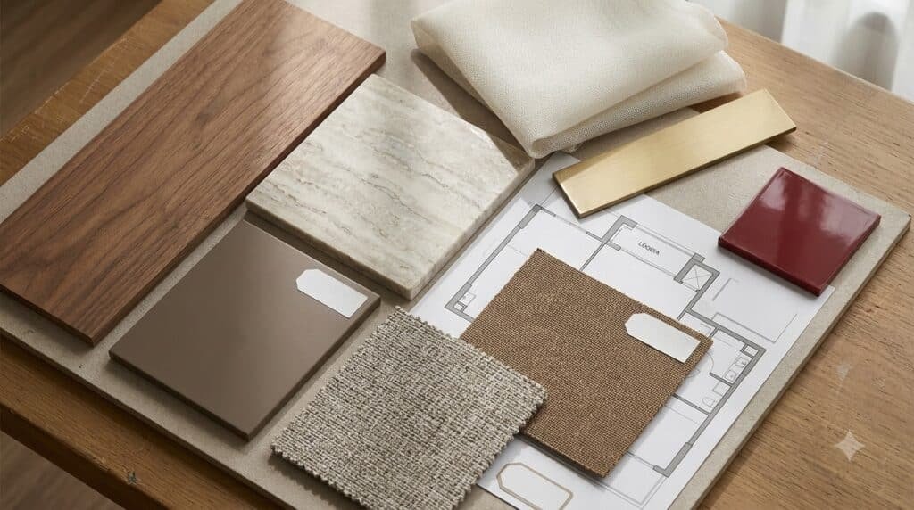 Moodboard gỗ, đá, vải và kim loại cho nội thất Starlake H9