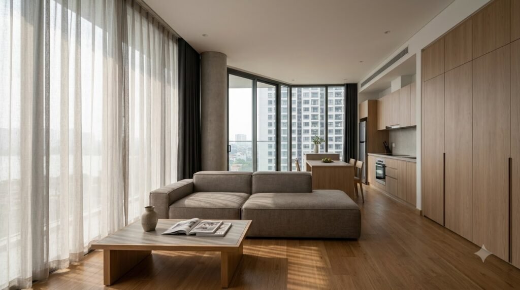 Phòng khách Sunshine Riverside với cửa kính lớn, rèm hai lớp và nội thất tránh vùng nắng gắt
