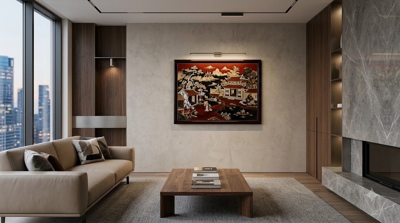 Tranh sơn mài làm điểm nhấn trong phòng khách Modern Luxury