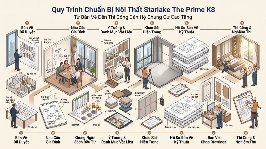 Lộ trình chuẩn bị thiết kế căn hộ Starlake The Prime K8 từ hồ sơ chủ đầu tư đến khảo sát, shopdrawing và nghiệm thu