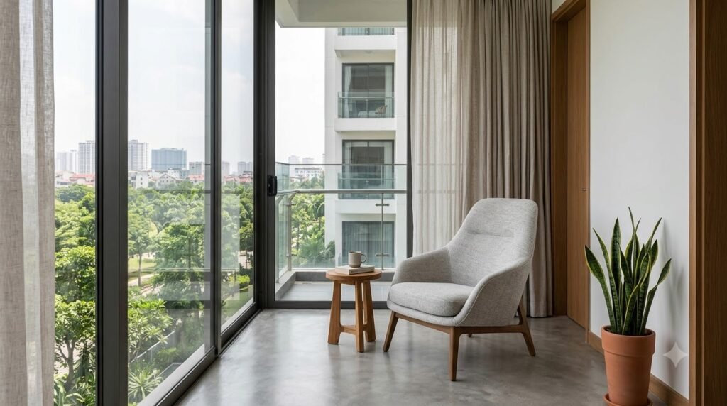 Góc đọc sách Park Kiara ParkCity hướng ra cảnh quan xanh qua cửa kính