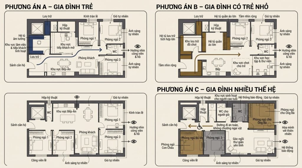 Sơ đồ concept căn hộ The Matrix One Premium cho gia đình trẻ, gia đình có con và gia đình đa thế hệ