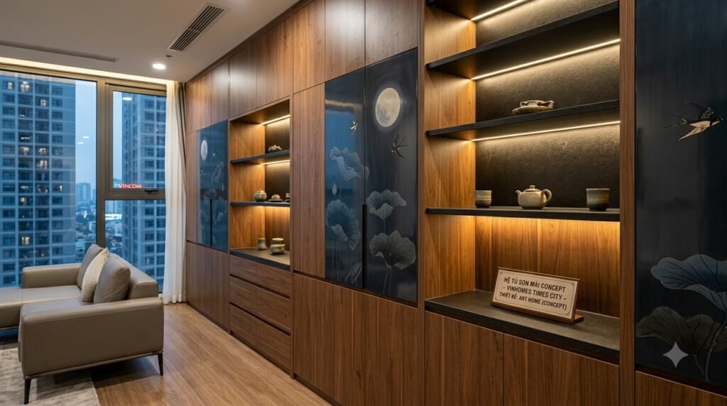 Hệ tủ sơn mài tích hợp lưu trữ trong căn hộ Vinhomes Times City với họa tiết lá sen, trăng tròn và chim én