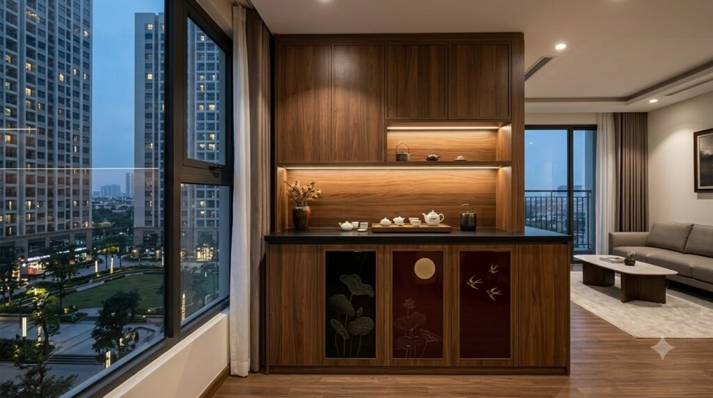 Hệ tủ sơn mài tích hợp lưu trữ trong căn hộ Vinhomes Royal City với họa tiết lá sen, trăng tròn và chim én