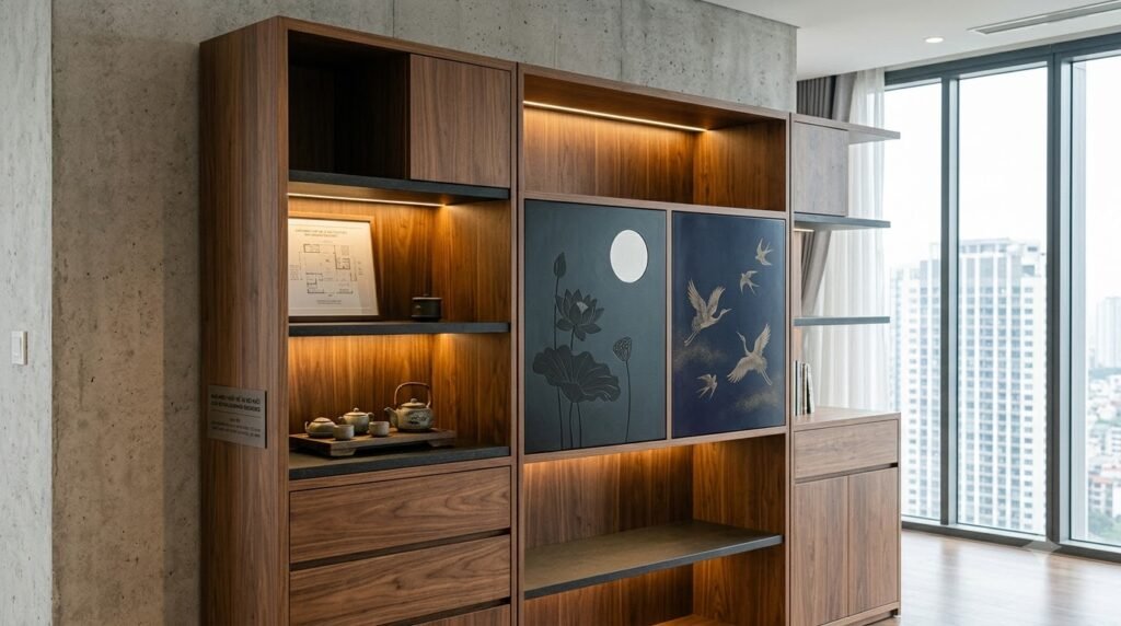 Hệ tủ sơn mài tích hợp lưu trữ trong căn hộ BRG Diamond Residence với họa tiết hoa sen, mặt trăng và chim hạc hoặc chim én