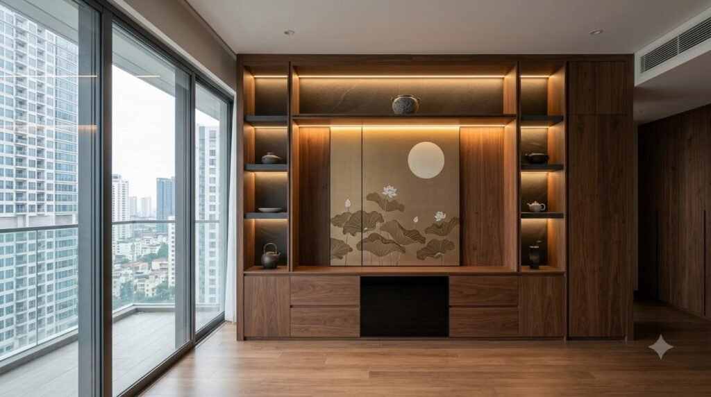 Hệ tủ sơn mài tích hợp lưu trữ trong căn hộ Mandarin Garden với họa tiết lá sen, trăng tròn và chim én