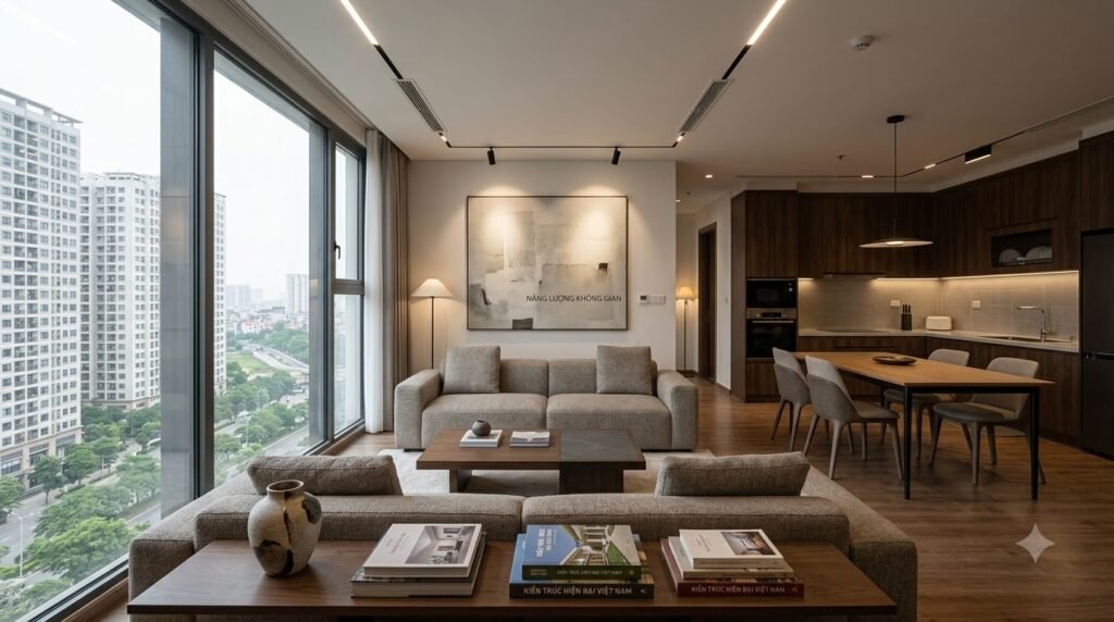 Concept nội thất căn hộ chung cư Grandeur Palace Giảng Võ với bố cục gọn, ánh sáng nhiều lớp và lưu trữ có chủ đích