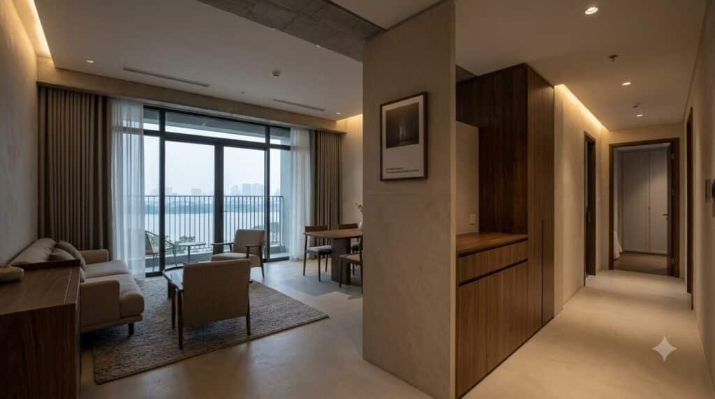 Concept căn hộ chung cư Celestine Westlake với foyer tạo lớp riêng tư, view Hồ Tây và vật liệu mờ ấm