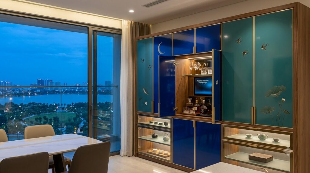 Hệ tủ sơn mài tích hợp bar và lưu trữ trong căn hộ chung cư The Matrix One Premium với view công viên