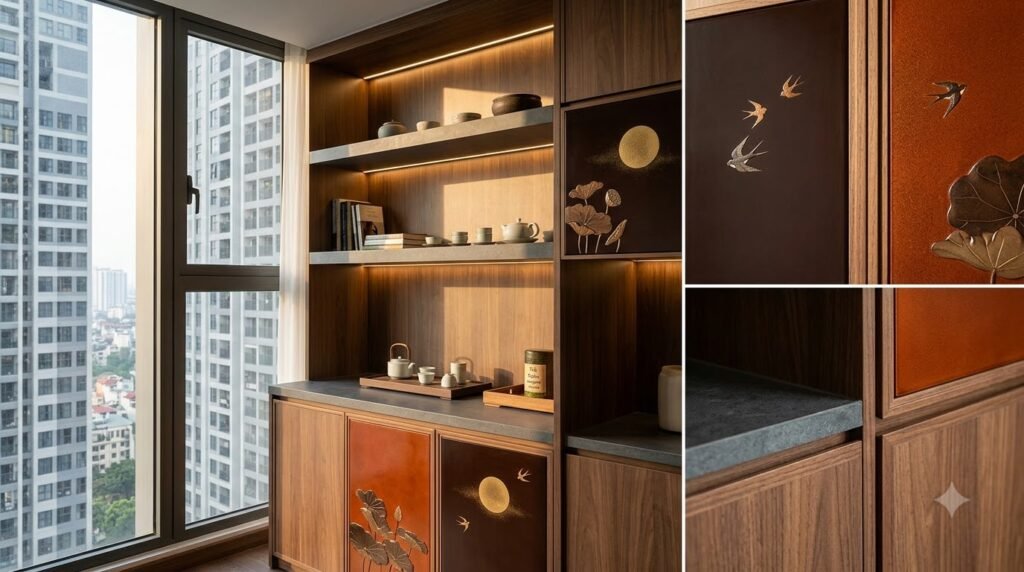 Hệ tủ sơn mài tích hợp lưu trữ trong căn hộ Park Hill Premium với họa tiết lá sen, trăng tròn và chim én