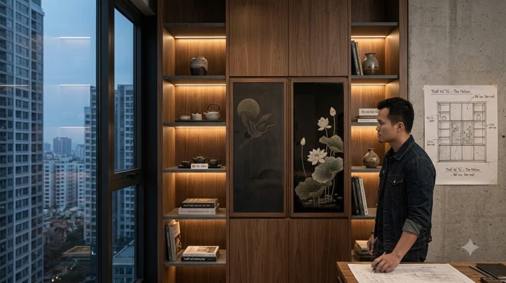 Hệ tủ sơn mài tích hợp lưu trữ trong căn hộ The Nelson Private Residences với họa tiết hoa sen, mặt trăng và chim hạc hoặc chim én