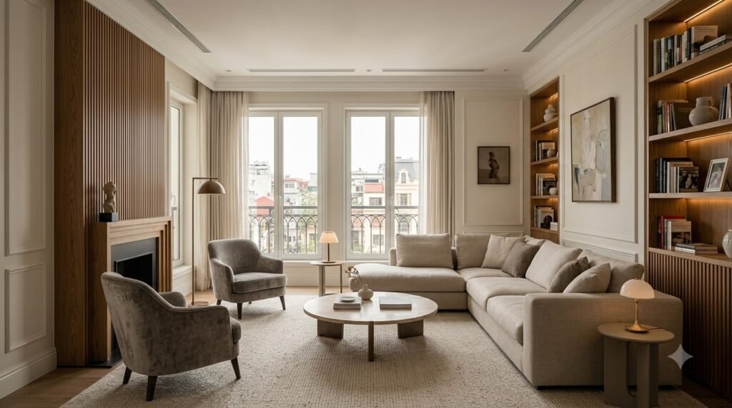 Concept phòng khách căn hộ hàng hiệu The Grand Hanoi với nội thất tinh tế, ánh sáng ấm và tỷ lệ sang trọng tiết chế