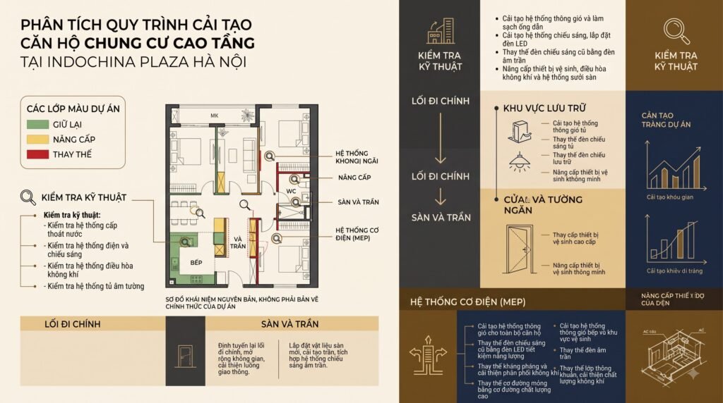 Sơ đồ concept căn hộ Indochina Plaza Hanoi với luồng đi, lưu trữ, ánh sáng và các vùng cần kiểm soát