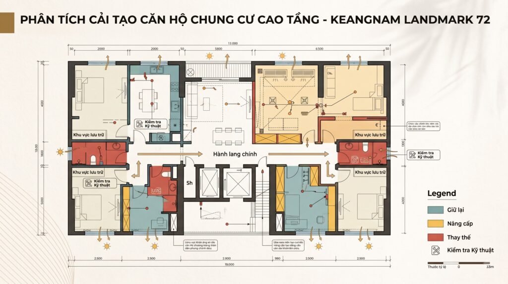 Sơ đồ concept căn hộ Keangnam Landmark 72 với luồng đi, lưu trữ, ánh sáng và các vùng cần kiểm soát