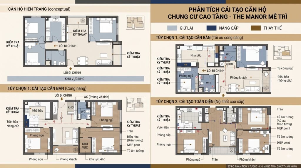 Sơ đồ concept căn hộ The Manor Mễ Trì với luồng đi, lưu trữ, ánh sáng và các vùng cần kiểm soát