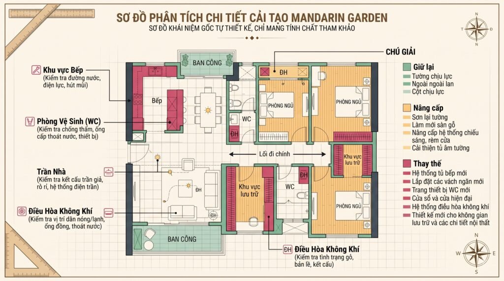 Sơ đồ concept căn hộ Mandarin Garden với luồng đi, lưu trữ, ánh sáng và các vùng cần kiểm soát