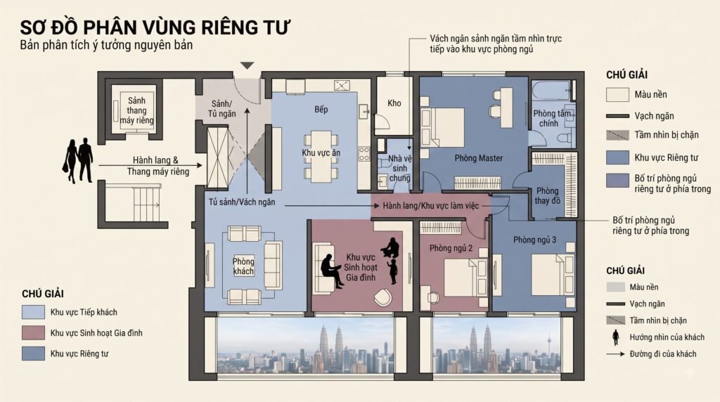 Sơ đồ concept phân vùng tiếp khách, gia đình và riêng tư trong căn hộ chung cư Maison Privée Ciputra