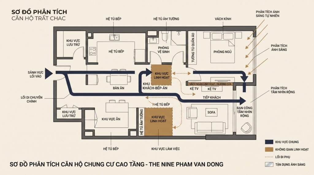 Sơ đồ concept căn hộ The Nine Phạm Văn Đồng với luồng đi, lưu trữ, ánh sáng và các vùng cần kiểm soát