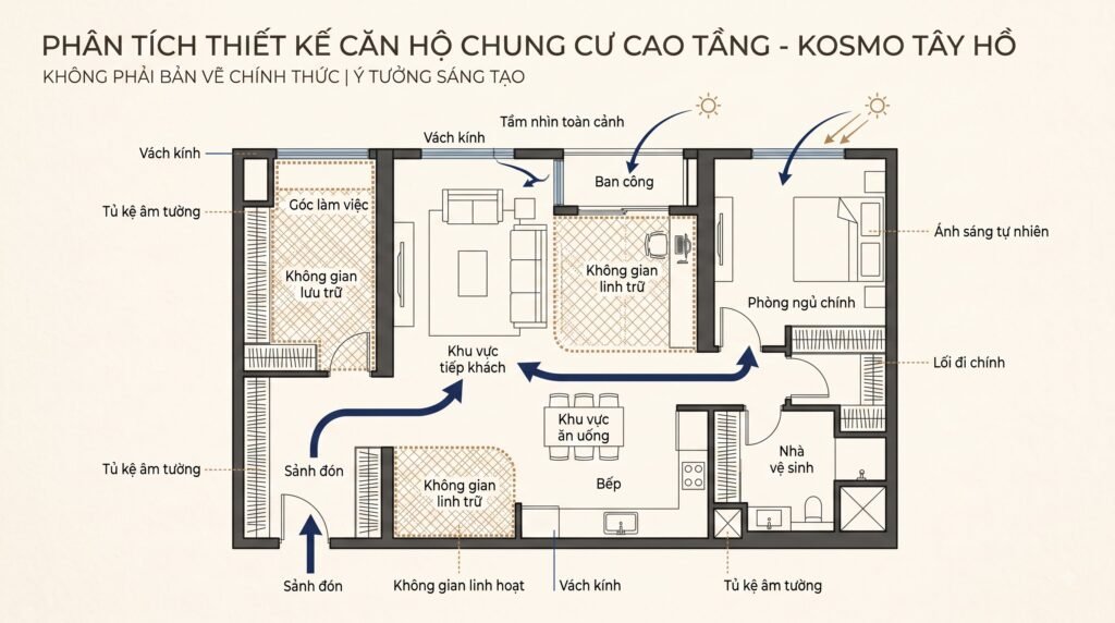 Sơ đồ concept căn hộ Kosmo Tây Hồ với luồng đi, lưu trữ, ánh sáng và các vùng cần kiểm soát