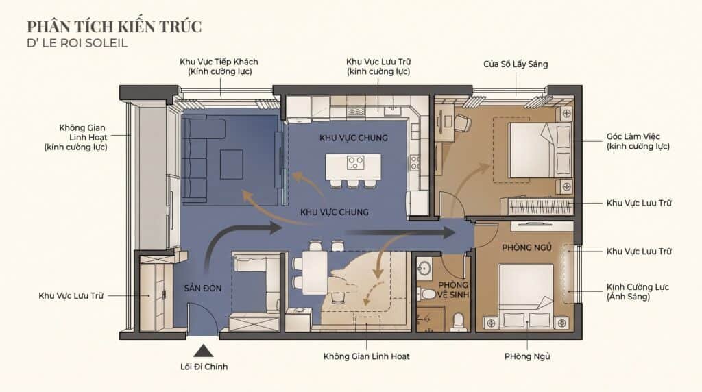 Sơ đồ concept căn hộ D’. Le Roi Soleil với luồng đi, lưu trữ, ánh sáng và các vùng cần kiểm soát