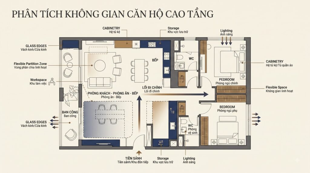Sơ đồ concept căn hộ Grandeur Palace Giảng Võ với luồng đi, lưu trữ, ánh sáng và các vùng cần kiểm soát